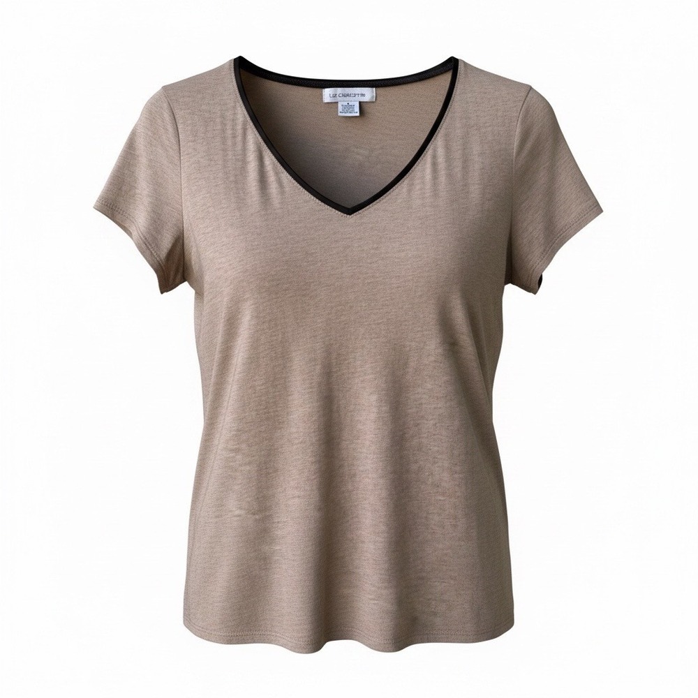 Liz Claiborne Vintage Y2K Womens Brown Tan V-Neck Babydoll Cap Sleeve Shirt M